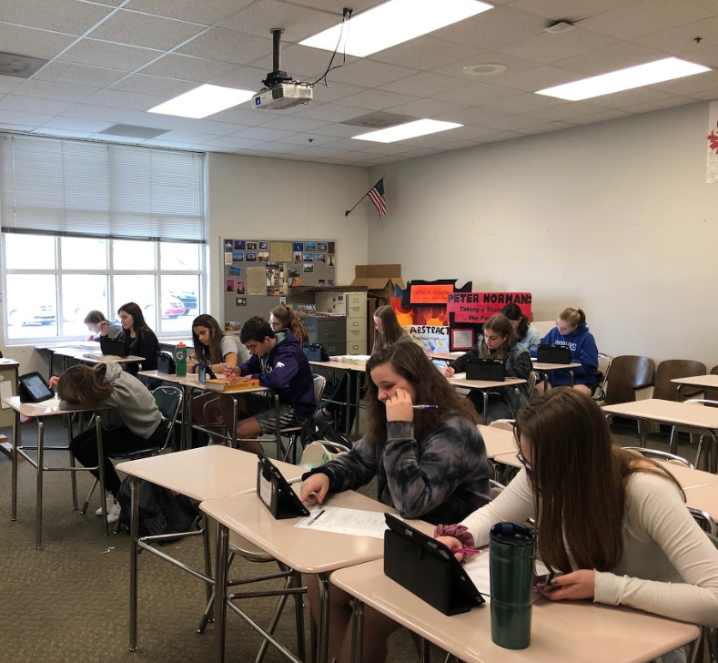 Freshman studying and working hard in the world history classroom. Students have been taking this class all year.